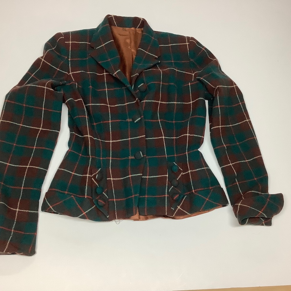 Vintage 1940s Misses Jacket Green/Brown plaid 34-36” Bust